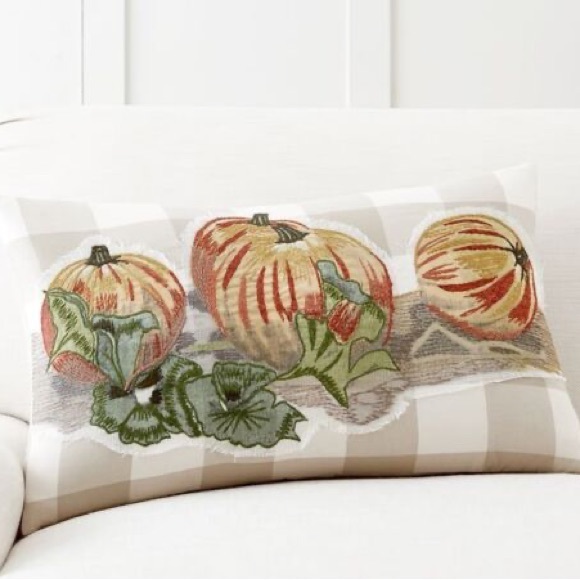 New Pottery Barn Fall Pumpkin Patch Appliqué Check Lumbar Pillow Cover, 16X26 - Picture 1 of 11